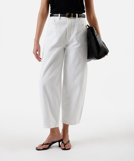 calça barrel feminina de sarja com recorte  off white