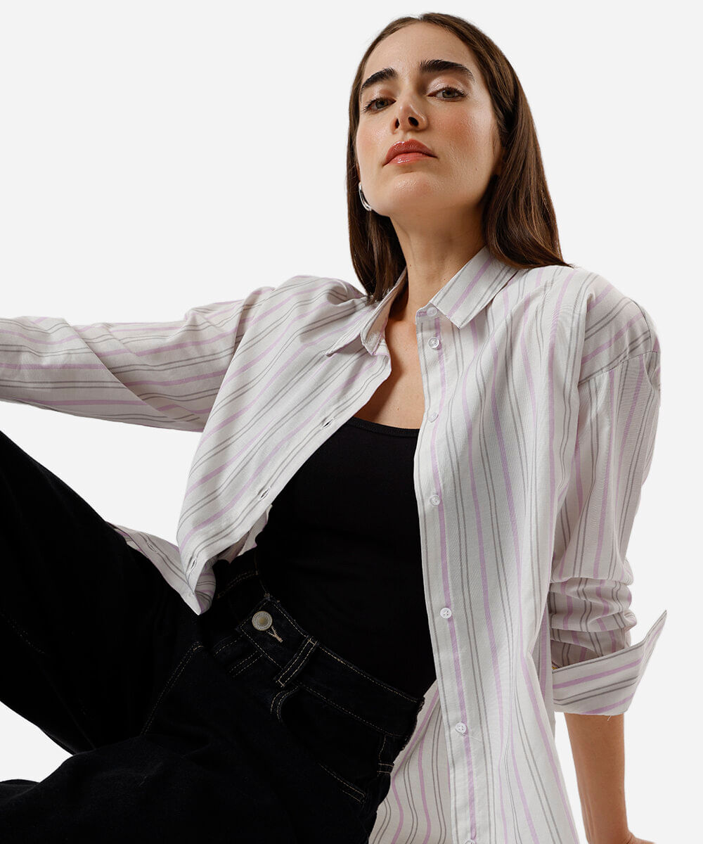 camisa oversized feminina listrada lilás