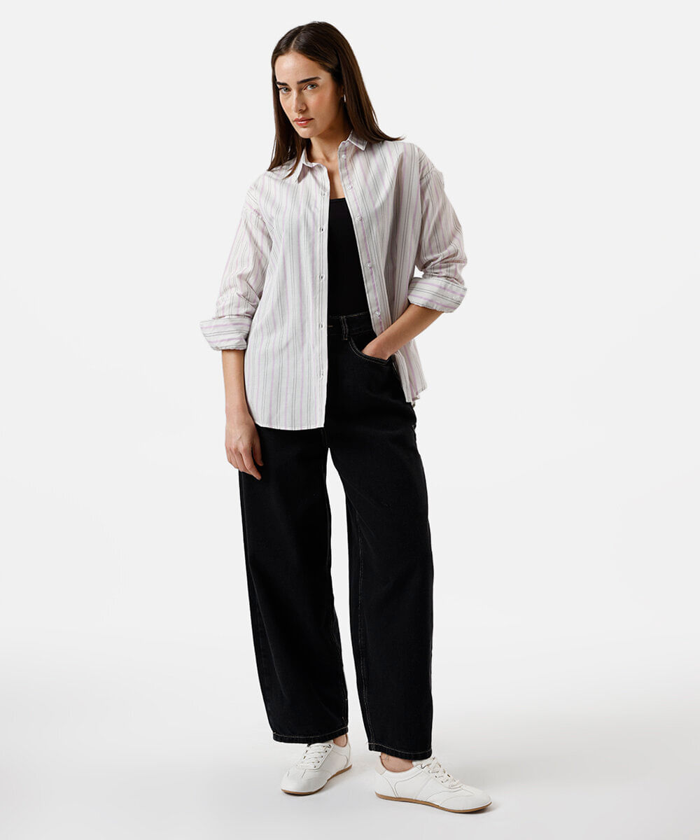 camisa oversized feminina listrada lilás