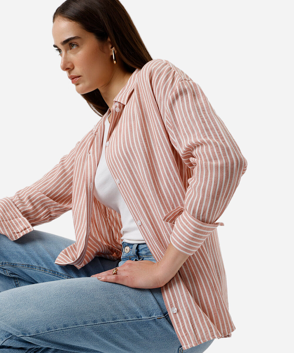 camisa com linho manga longa listrada rosa