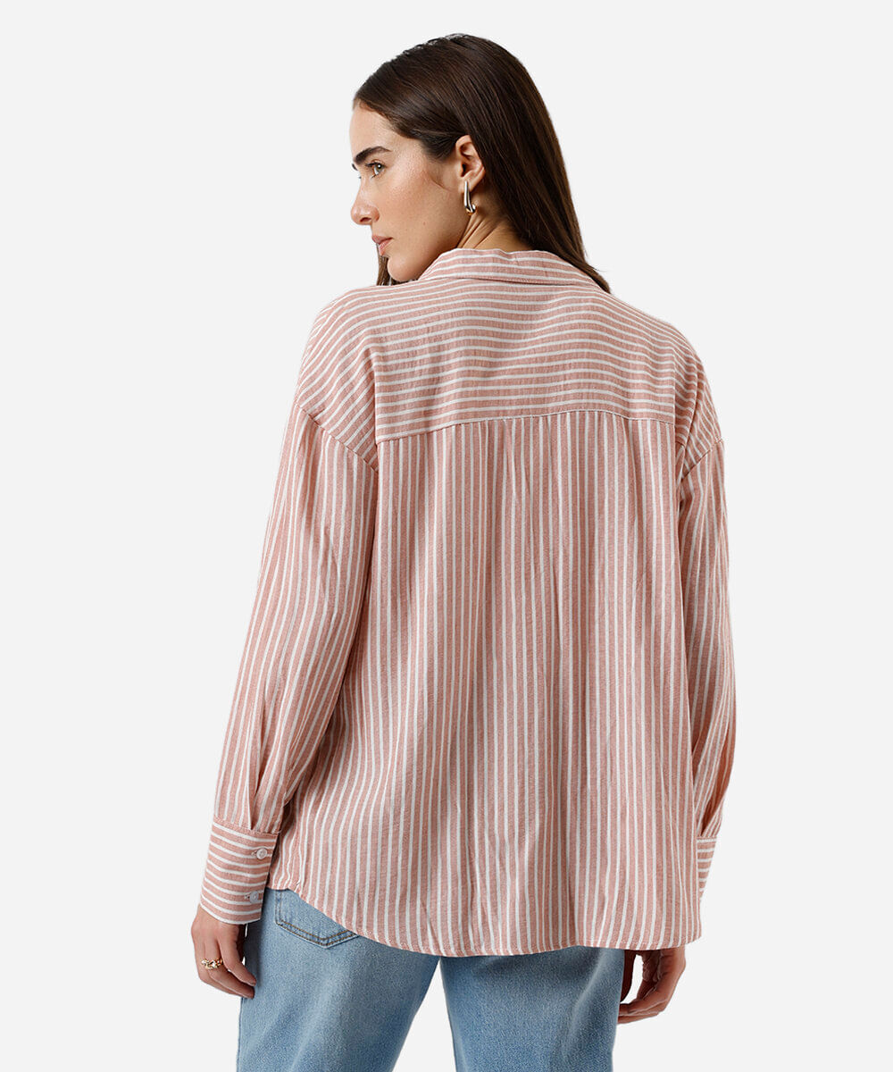 camisa com linho manga longa listrada rosa