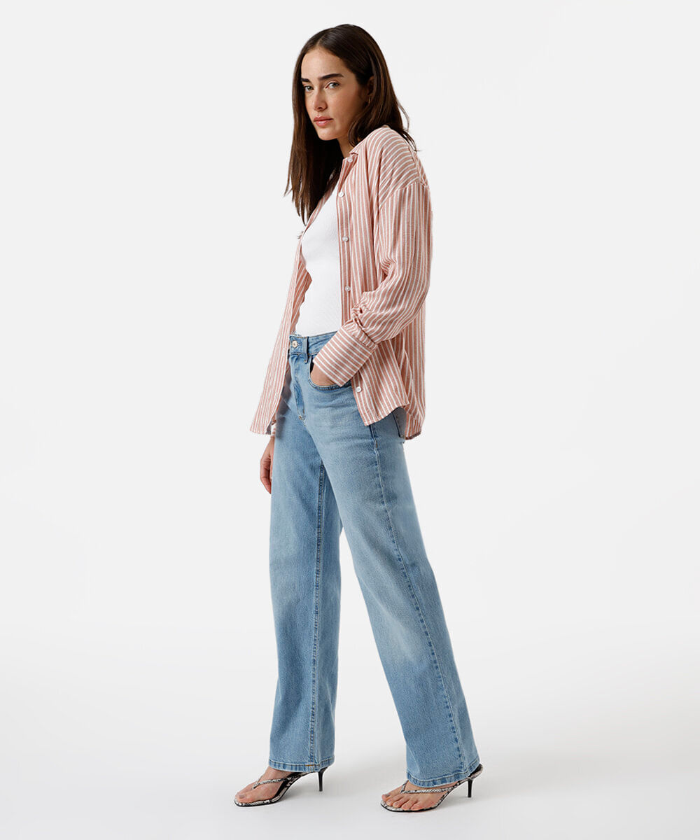 camisa com linho manga longa listrada rosa