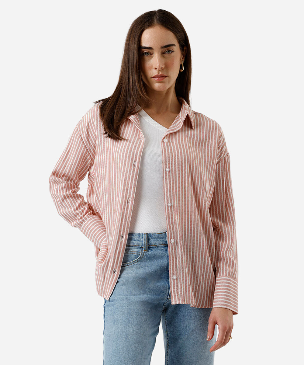 camisa com linho manga longa listrada rosa