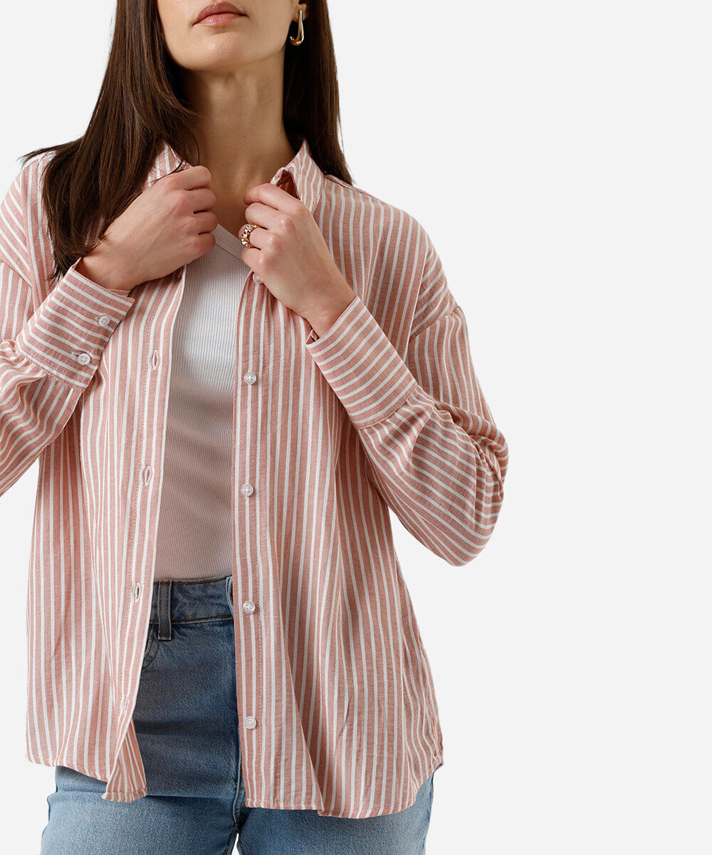 camisa com linho manga longa listrada rosa