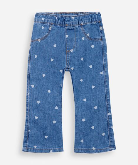 calça flare infantil jeans com corações azul