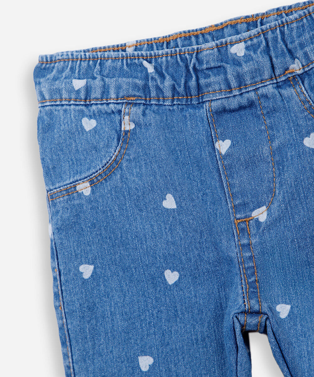 calça flare infantil jeans com corações azul