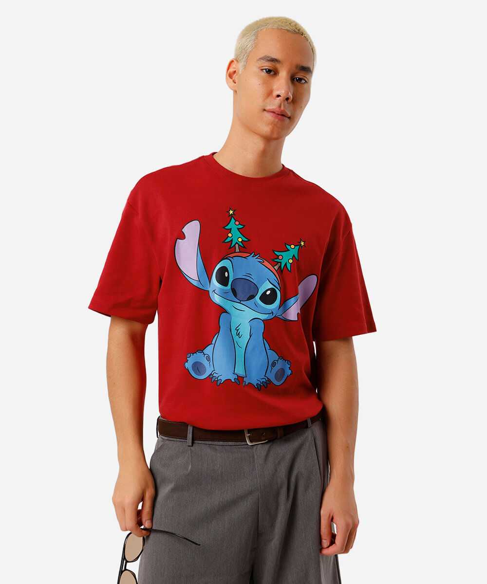 camiseta relaxed masculina de algodão stitch christmas vermelha
