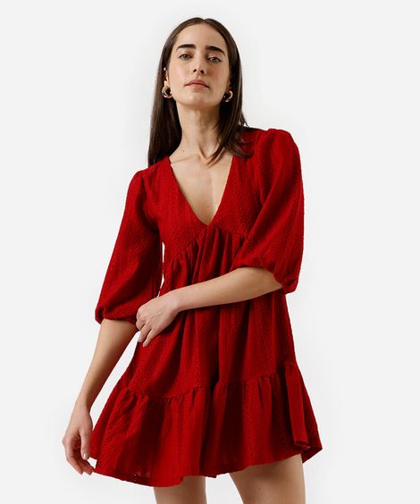 vestido curto feminino de laise com recorte  vermelho