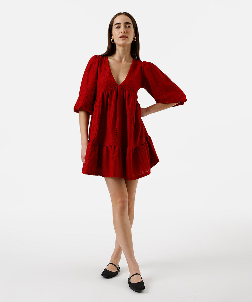 vestido curto feminino de laise com recorte  vermelho