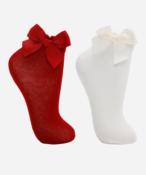 kit de 2 meias infantil cano curto com laços colorido