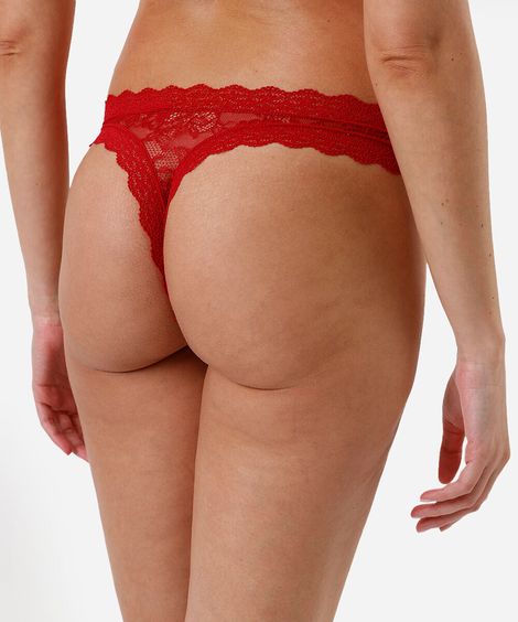 calcinha fio dental feminina de renda floral vermelha