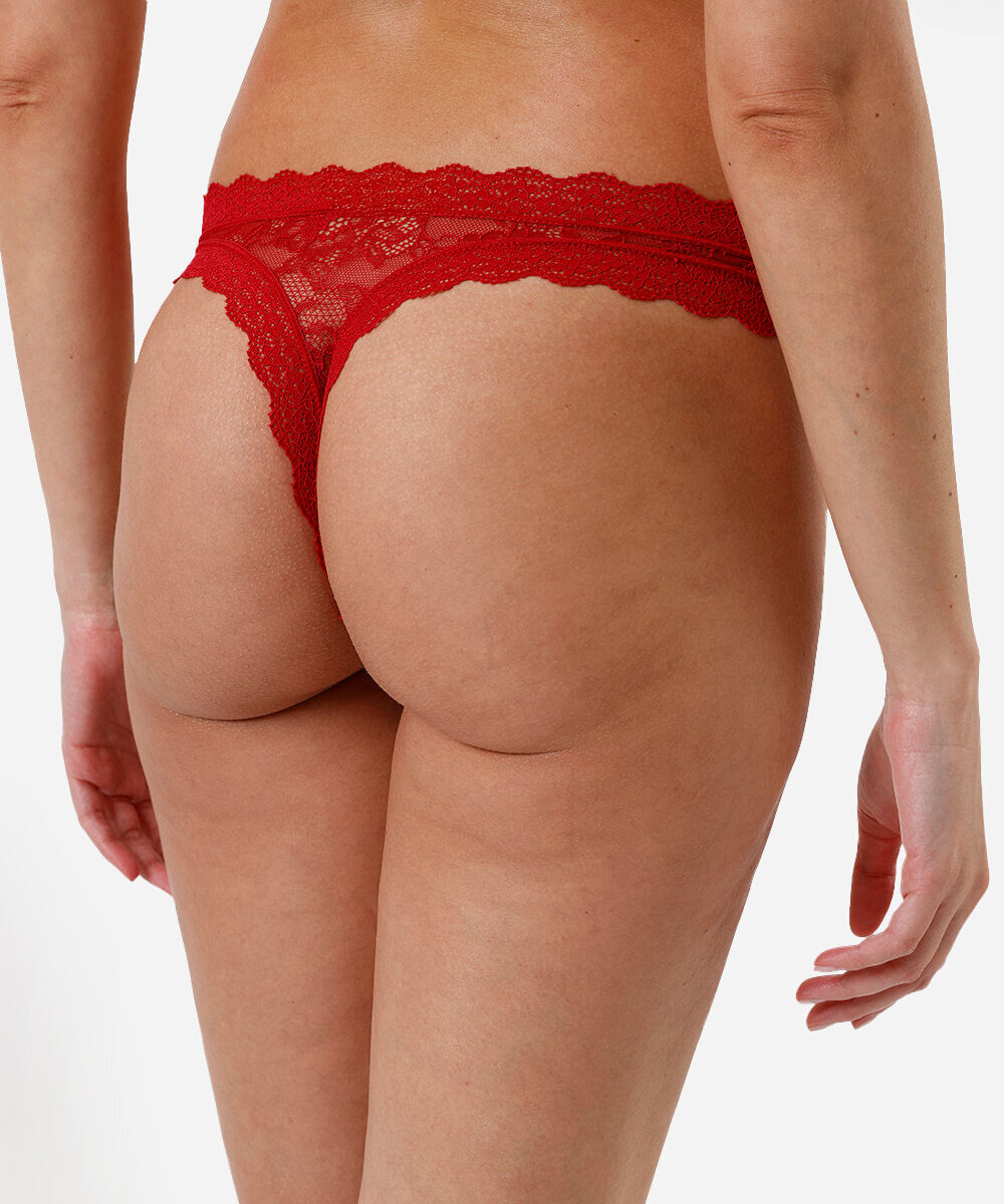 calcinha fio dental feminina de renda floral vermelha
