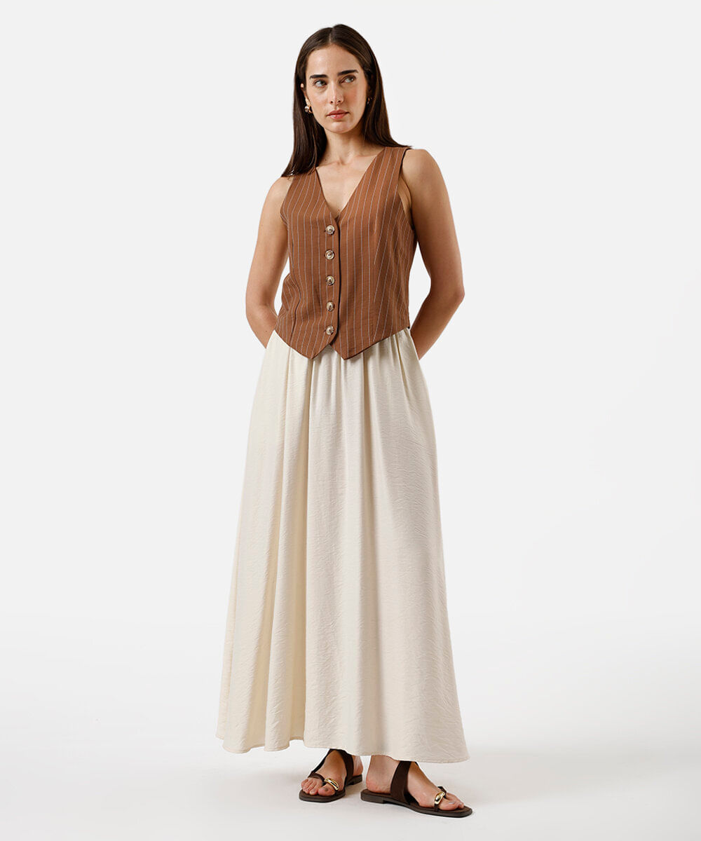 saia longa feminina de viscose texturizada bege