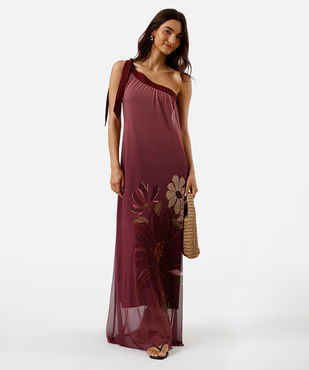 vestido feminino ombro único tule estampado