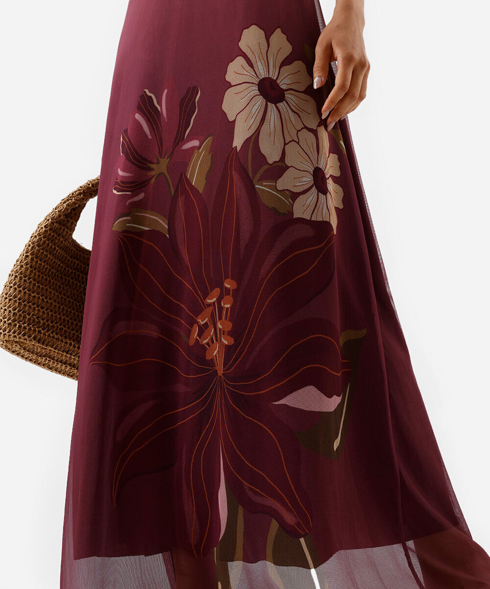 vestido feminino ombro único tule estampado