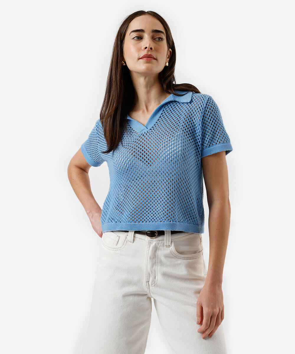 polo feminina de tricot azul