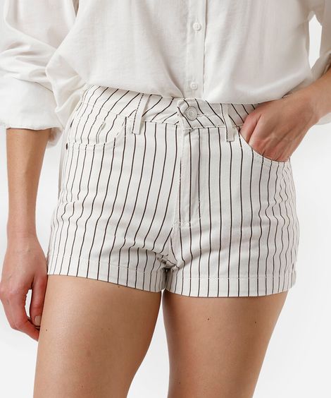 short mom feminino de sarja listrado marrom