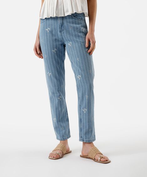 calça mom feminina jeans com bordado floral listrada azul