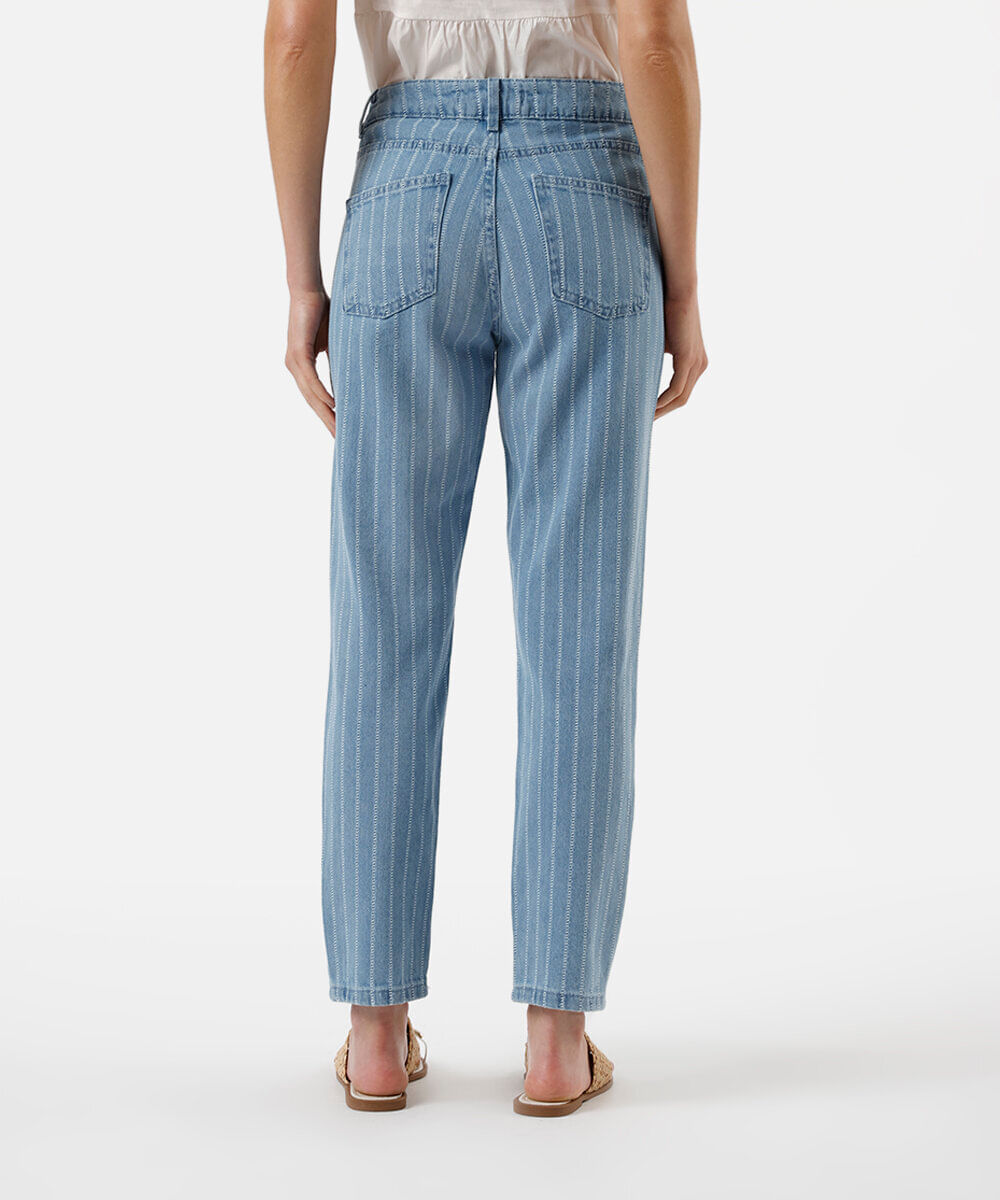 calça mom feminina jeans com bordado floral listrada azul
