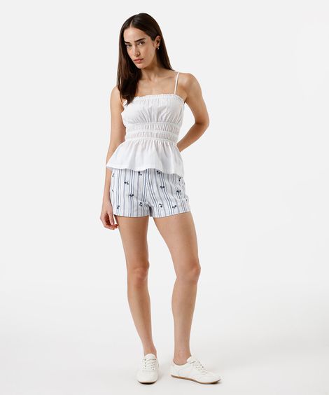 short mom feminino de sarja com bordado floral listrado  azul