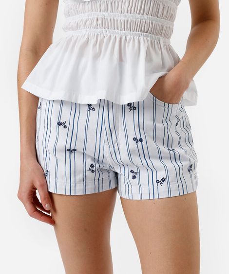 short mom feminino de sarja com bordado floral listrado  azul