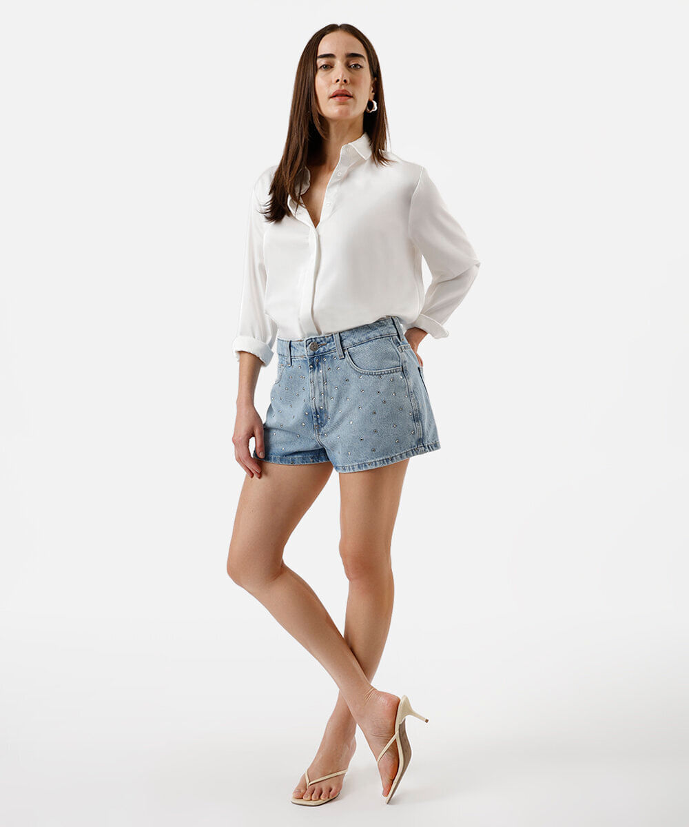 short curto feminino jeans com brilhos  azul