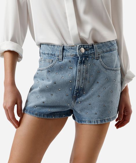 short curto feminino jeans com brilhos  azul