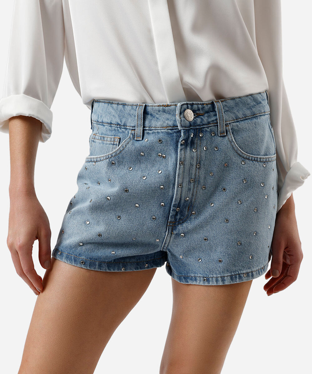 short curto feminino jeans com brilhos  azul