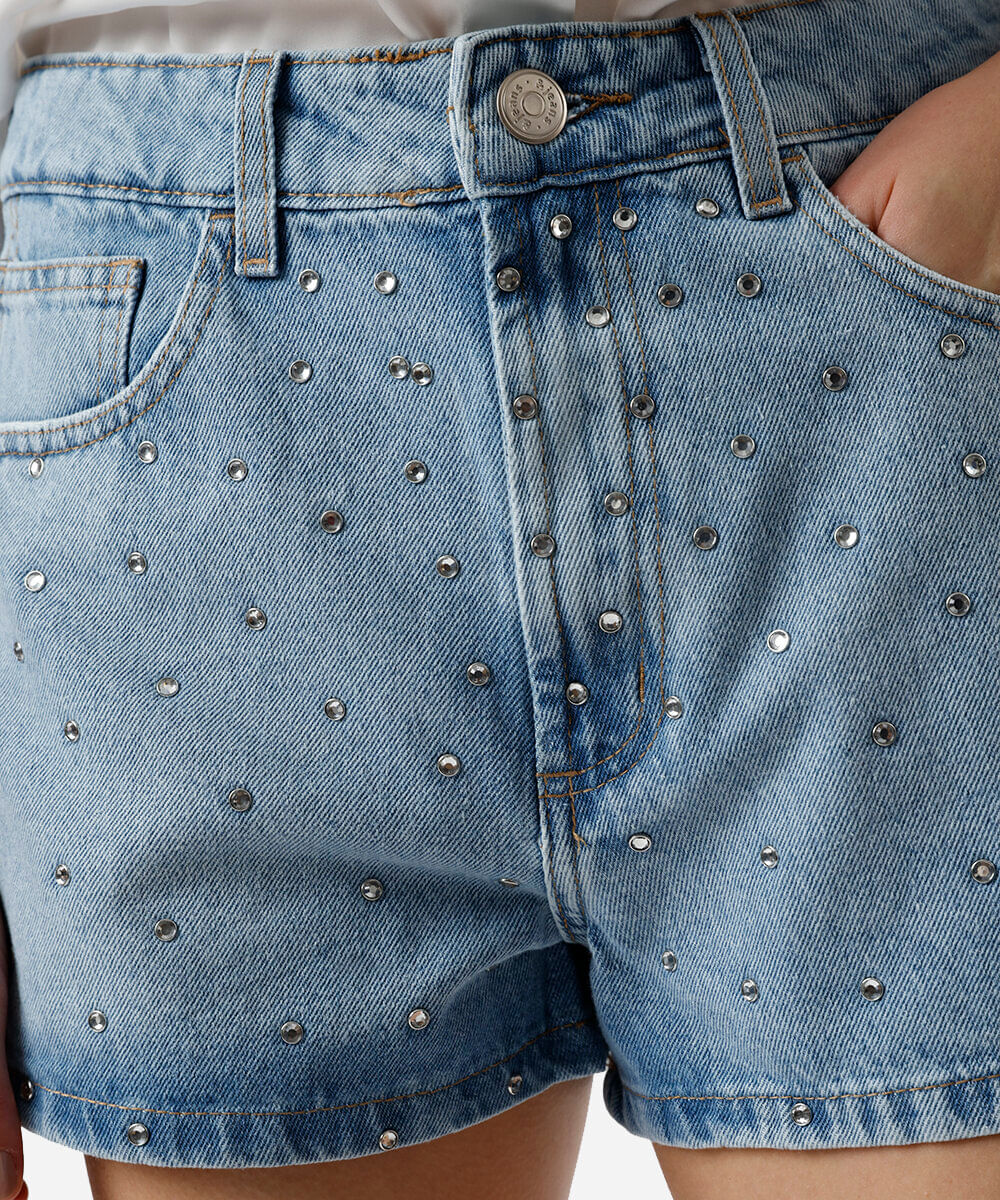 short curto feminino jeans com brilhos  azul
