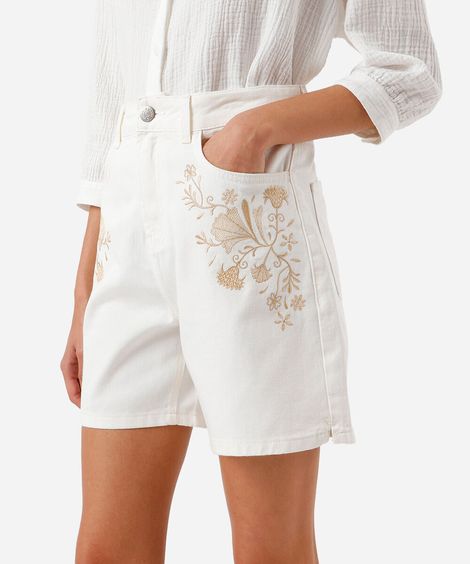 bermuda mom feminina de sarja com bordado floral off white