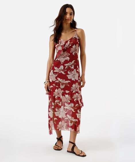 vestido midi alça fina feminino de tule com babados e fenda floral vinho