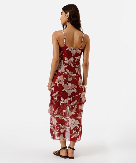 vestido midi alça fina feminino de tule com babados e fenda floral vinho