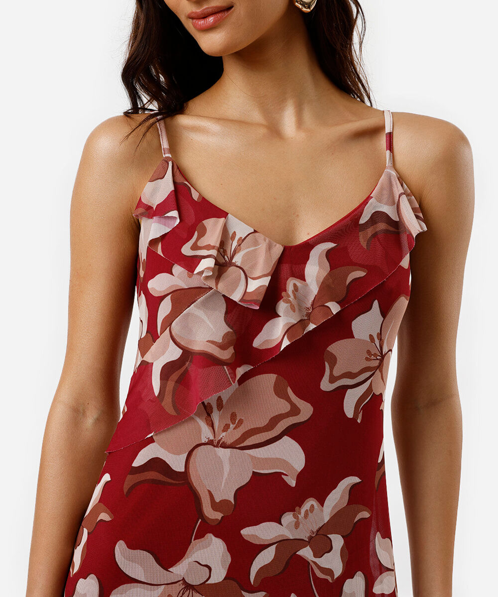 vestido midi alça fina feminino de tule com babados e fenda floral vinho