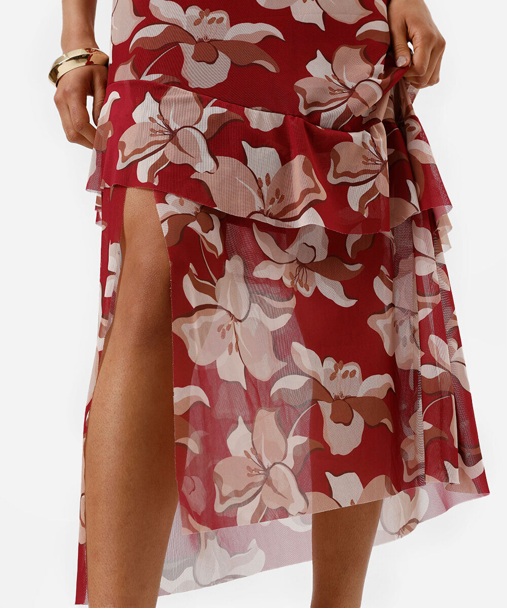 vestido midi alça fina feminino de tule com babados e fenda floral vinho