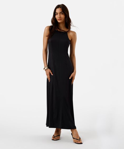 vestido midi alça fina feminino halterneck com recortes  preto