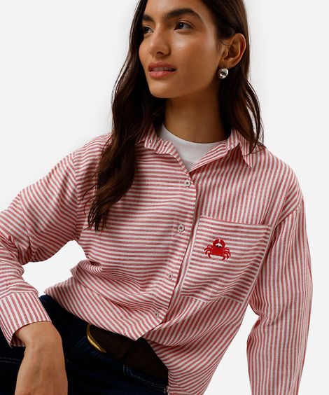 camisa oversized feminina com algodão bolso bordado listrada vermelha