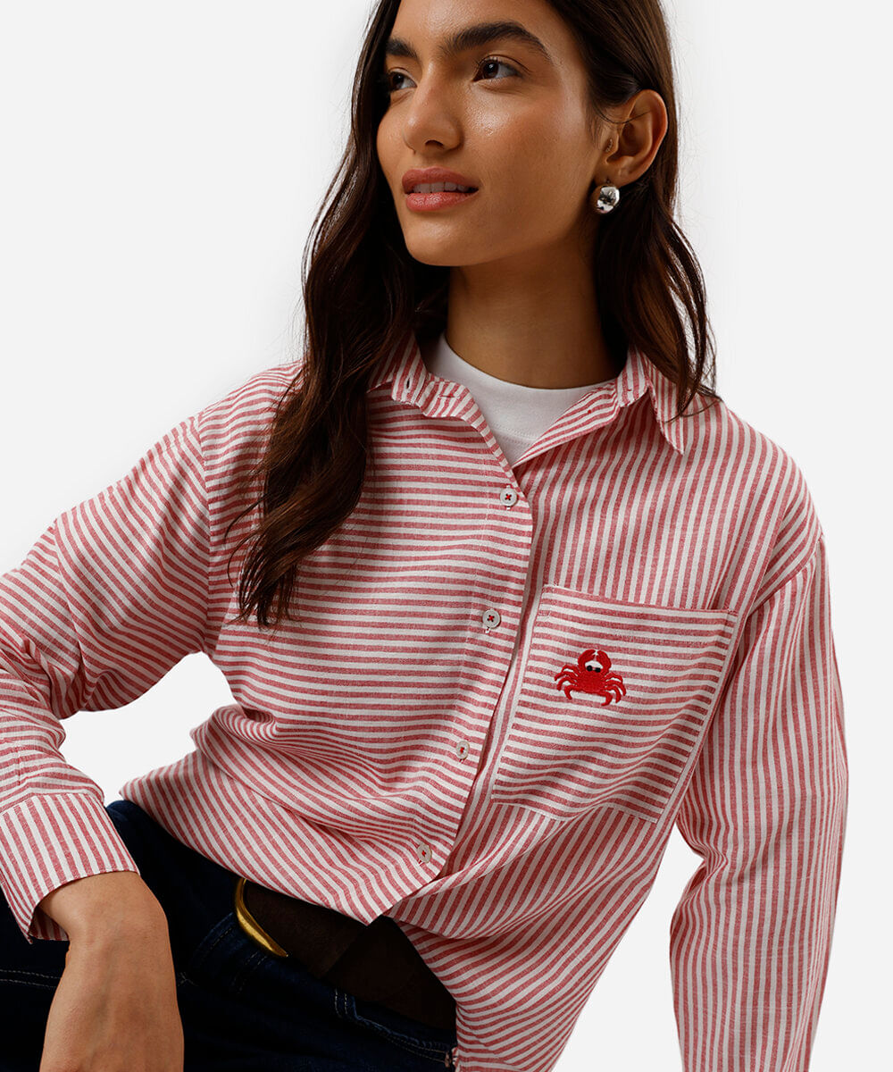 camisa oversized feminina com algodão bolso bordado listrada vermelha