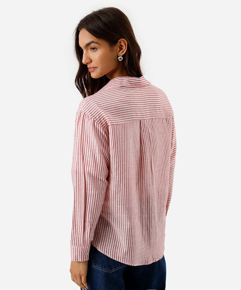 camisa oversized feminina com algodão bolso bordado listrada vermelha