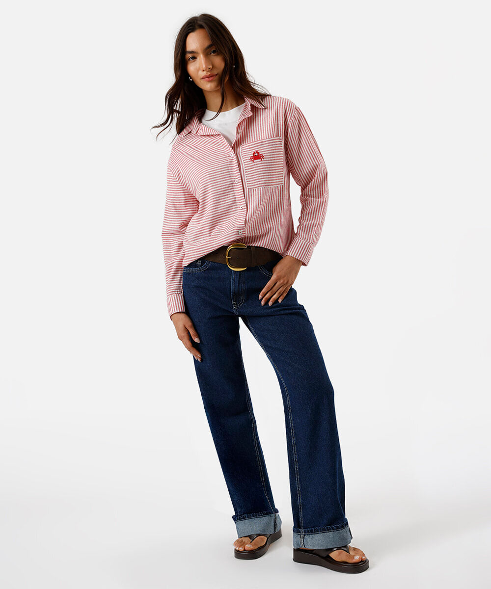 camisa oversized feminina com algodão bolso bordado listrada vermelha
