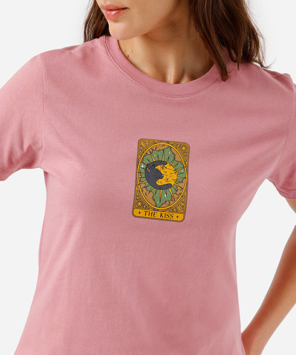 camiseta feminina de algodão gatinhos tarot rosa