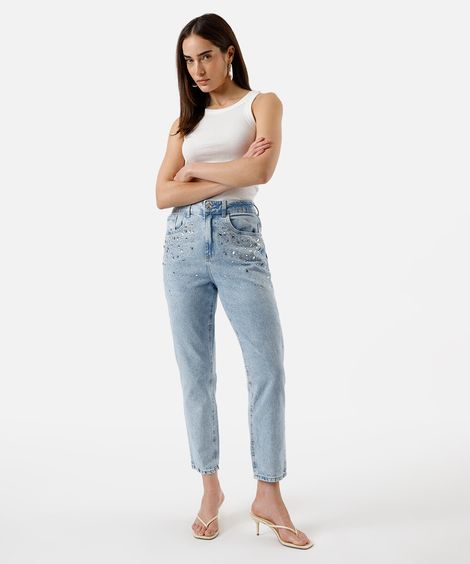 calça mom feminina jeans com brilhos azul