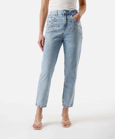 calça mom feminina jeans com brilhos azul