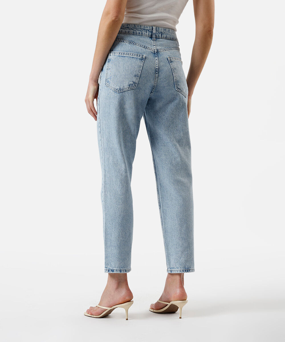 calça mom feminina jeans com brilhos azul