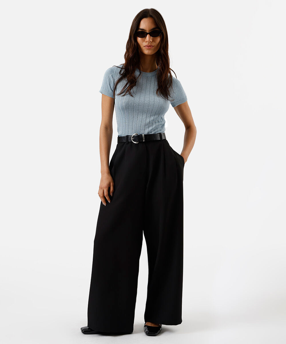 blusa feminina de tricot canelada com lurex azul