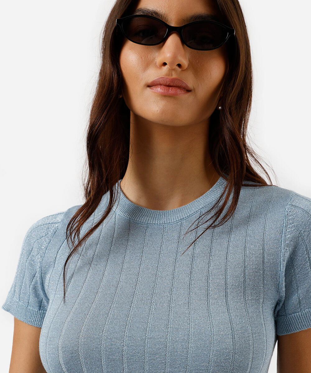 blusa feminina de tricot canelada com lurex azul