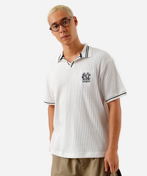 polo box fit masculina com bordado canelada off white