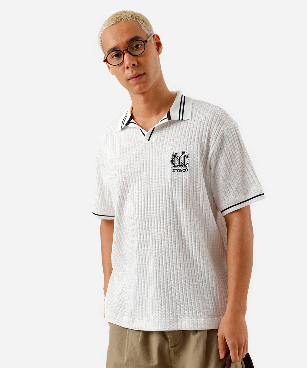 polo box fit masculina com bordado canelada off white