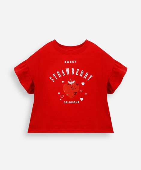 camiseta infantil de algodão com paetê vermelho