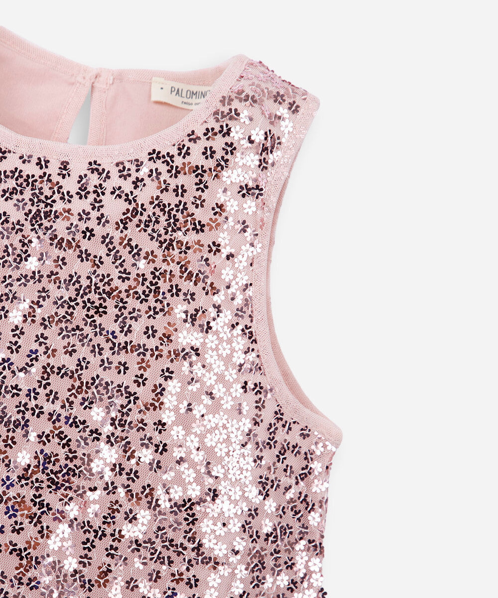 vestido evasê infantil de paetê  rosa