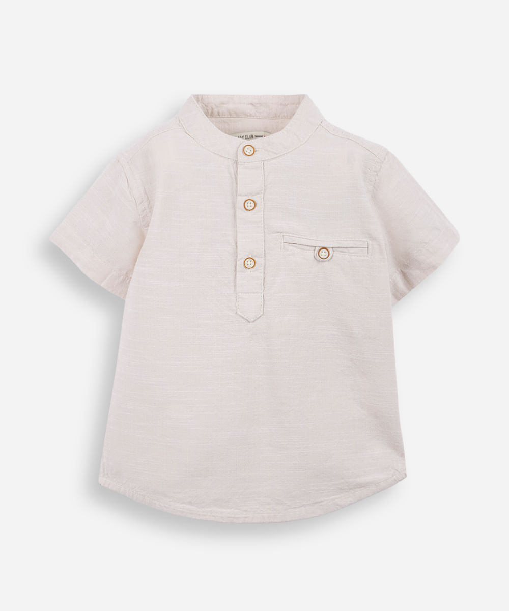 camisa infantil manga curta gola padre com bolso bege